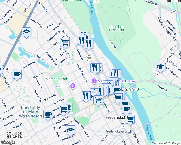 map of restaurants, bars, coffee shops, grocery stores, and more near 1315 Charles Street in Fredericksburg