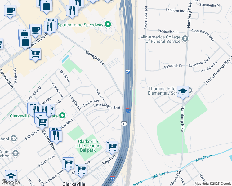 map of restaurants, bars, coffee shops, grocery stores, and more near 790 Irving Drive in Clarksville
