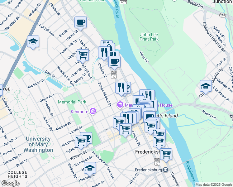 map of restaurants, bars, coffee shops, grocery stores, and more near 1315 Charles Street in Fredericksburg