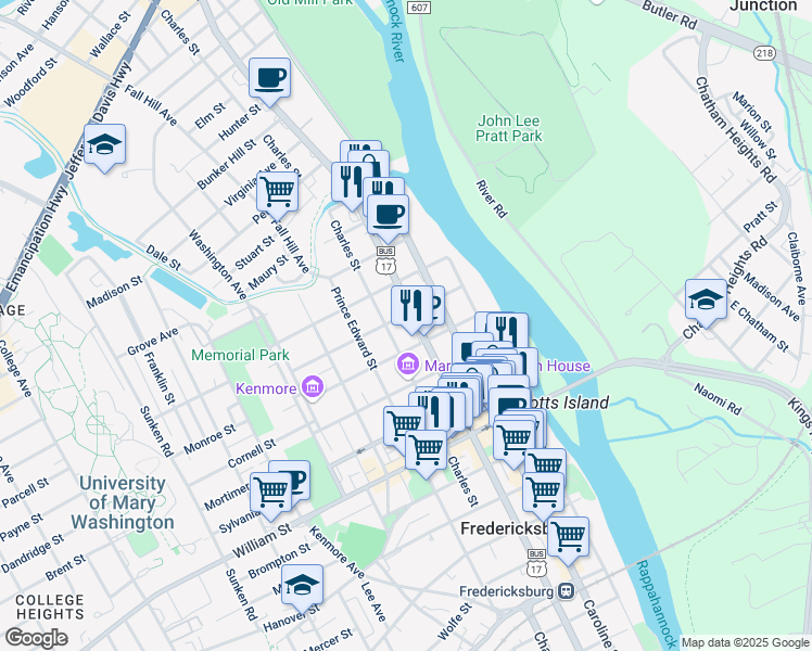 map of restaurants, bars, coffee shops, grocery stores, and more near 1316 Princess Anne Street in Fredericksburg