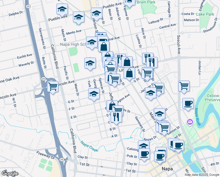 map of restaurants, bars, coffee shops, grocery stores, and more near 2180 Jefferson Street in Napa