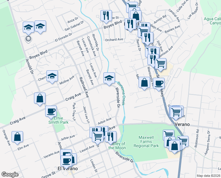 map of restaurants, bars, coffee shops, grocery stores, and more near 18507 Riverside Drive in Sonoma