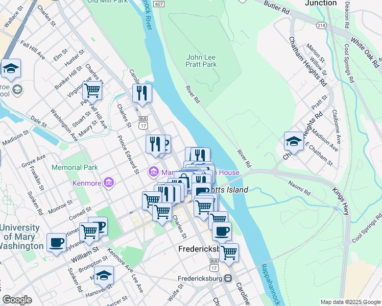 map of restaurants, bars, coffee shops, grocery stores, and more near 1203 Sophia Street in Fredericksburg