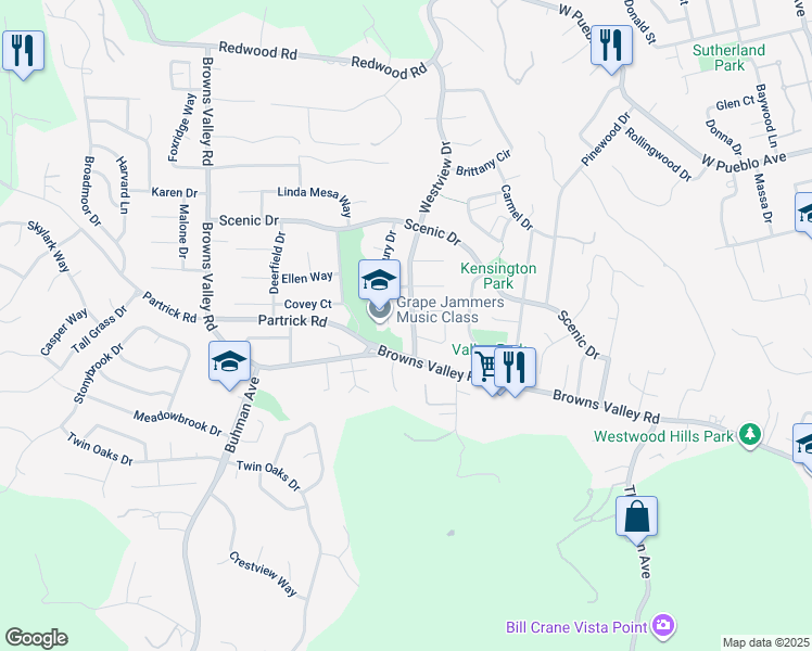 map of restaurants, bars, coffee shops, grocery stores, and more near 1019 Westview Drive in Napa