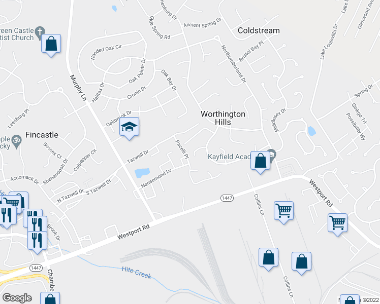 map of restaurants, bars, coffee shops, grocery stores, and more near 4408 Bays End Court in Louisville