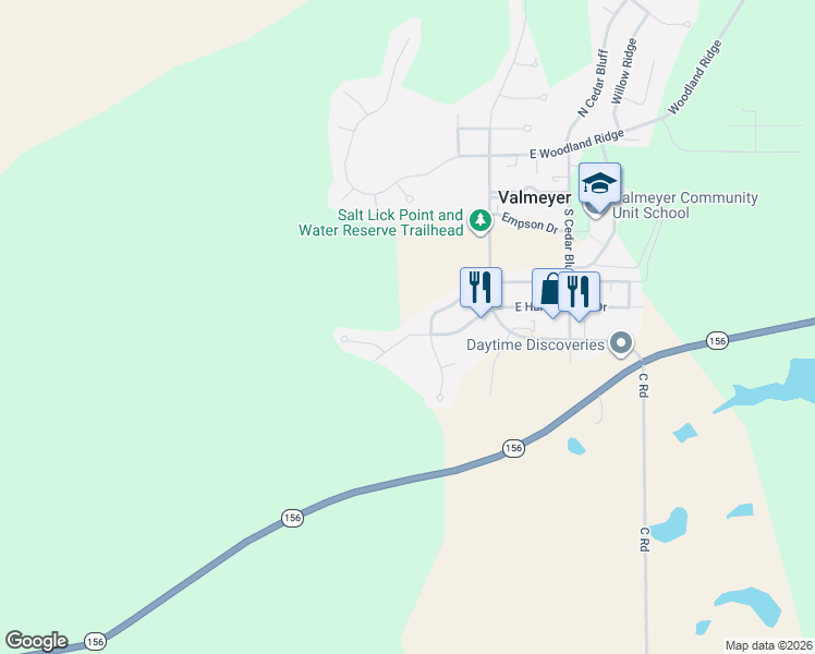 map of restaurants, bars, coffee shops, grocery stores, and more near 137 West Hunters Ridge in Valmeyer