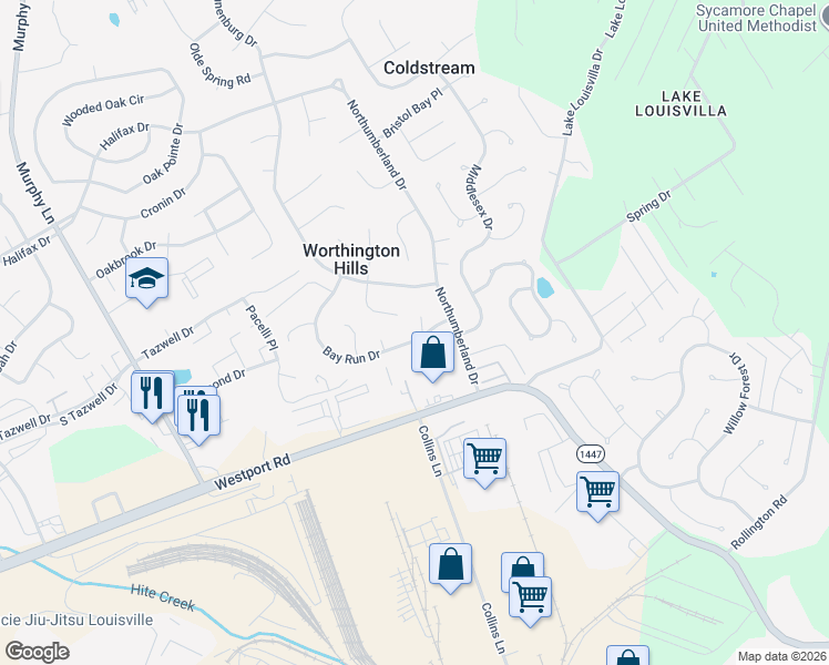 map of restaurants, bars, coffee shops, grocery stores, and more near 12201 Bay Run Drive in Louisville