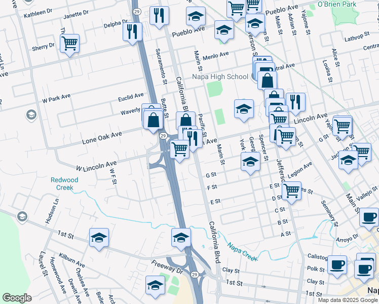 map of restaurants, bars, coffee shops, grocery stores, and more near 2375 California Boulevard in Napa