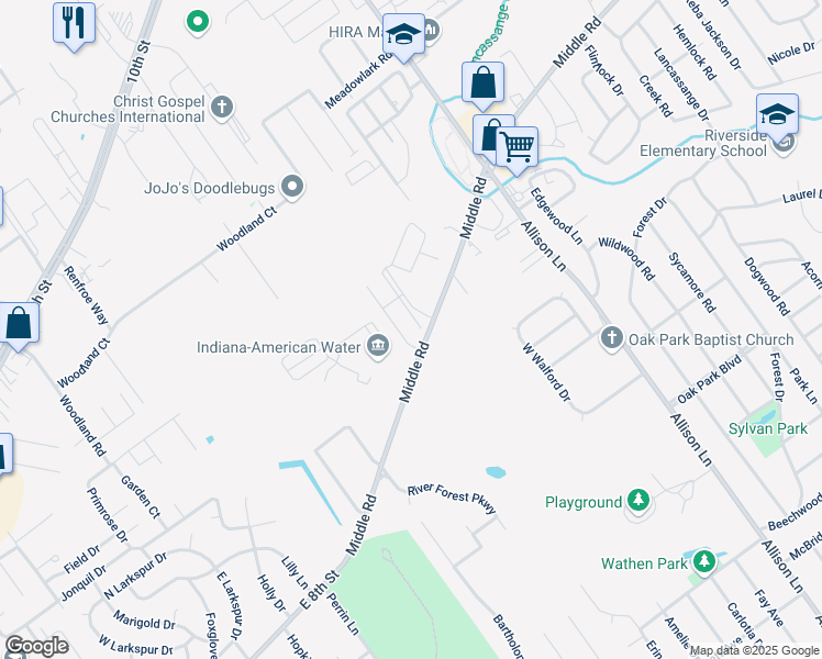 map of restaurants, bars, coffee shops, grocery stores, and more near 1707 Village Green Boulevard in Jeffersonville