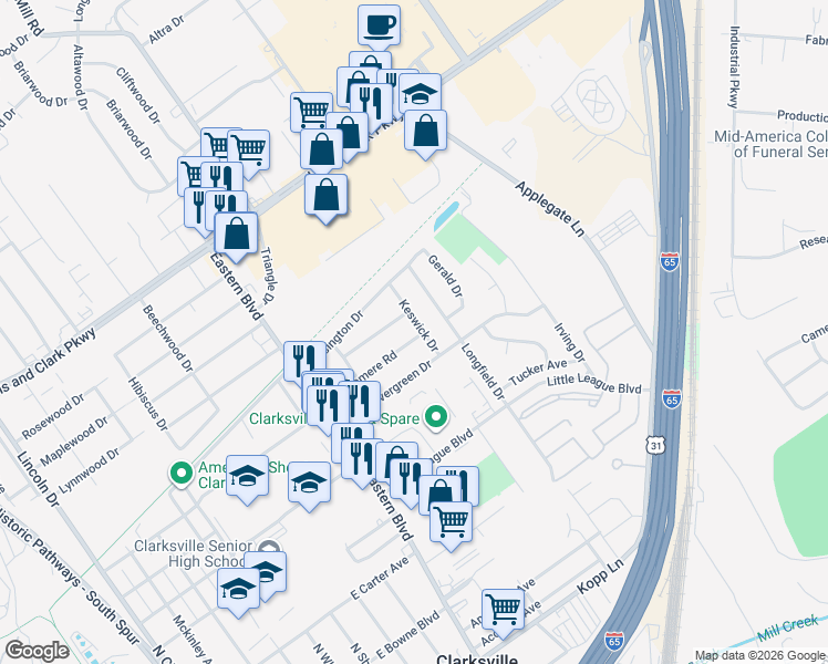 map of restaurants, bars, coffee shops, grocery stores, and more near 310 Keswick Drive in Clarksville
