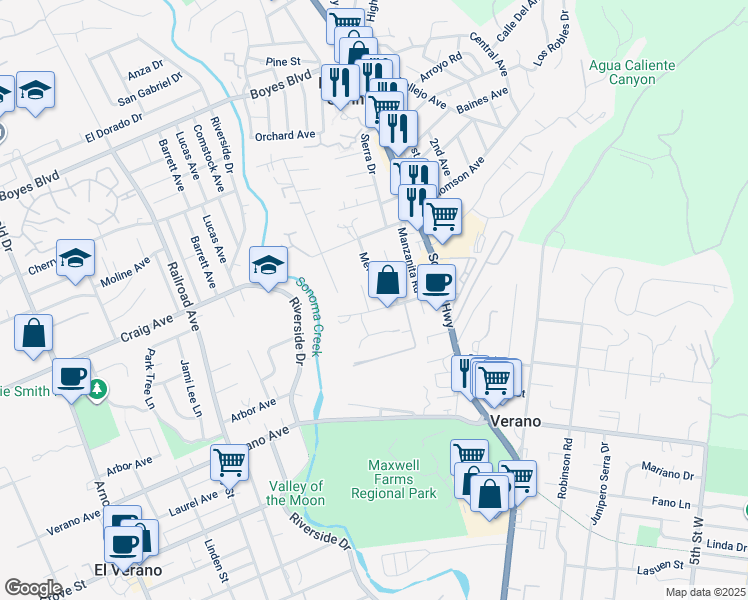 map of restaurants, bars, coffee shops, grocery stores, and more near 163 Academy Ln in Sonoma