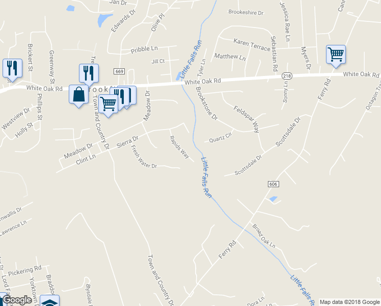 map of restaurants, bars, coffee shops, grocery stores, and more near 17 Rapids Way in Fredericksburg