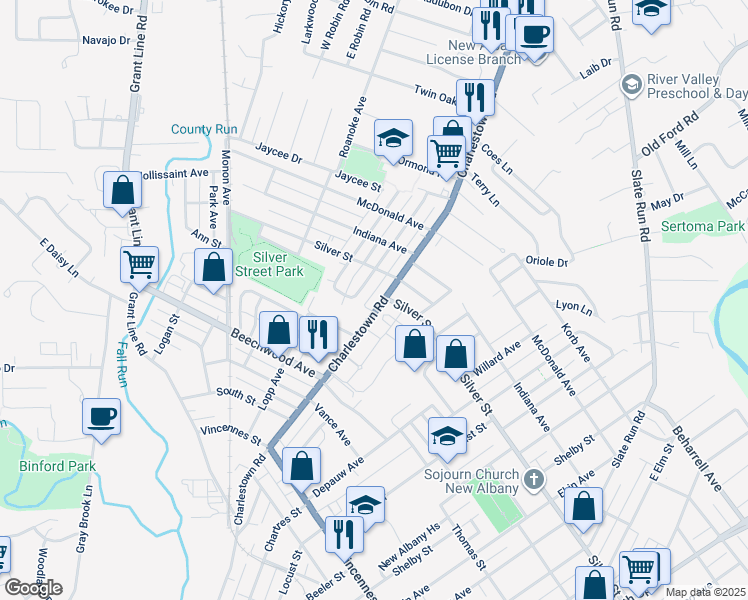 map of restaurants, bars, coffee shops, grocery stores, and more near 2239 Charlestown Road in New Albany