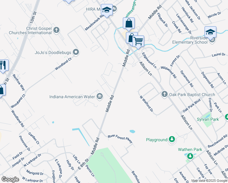 map of restaurants, bars, coffee shops, grocery stores, and more near 2745 Middle Road in Jeffersonville