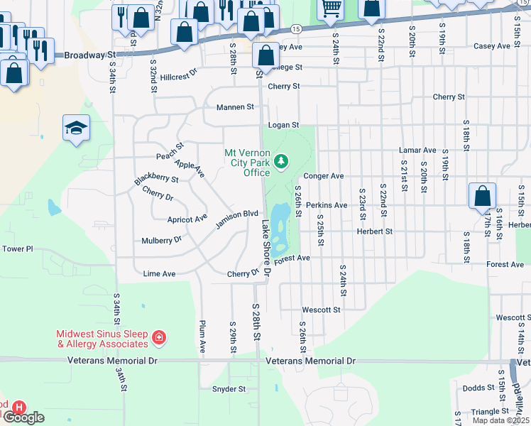 map of restaurants, bars, coffee shops, grocery stores, and more near 1001 Lake Shore Drive in Mount Vernon