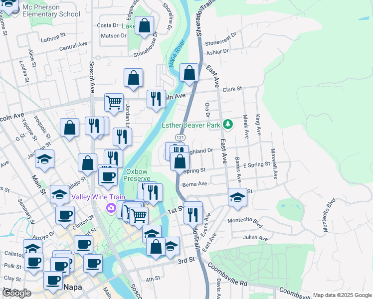 map of restaurants, bars, coffee shops, grocery stores, and more near 6 Highland Drive in Napa