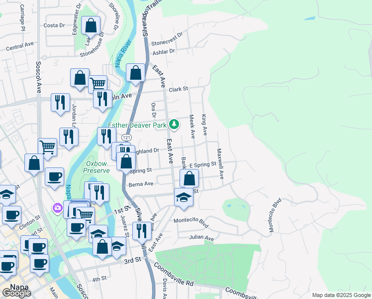 map of restaurants, bars, coffee shops, grocery stores, and more near 53 Highland Drive in Napa