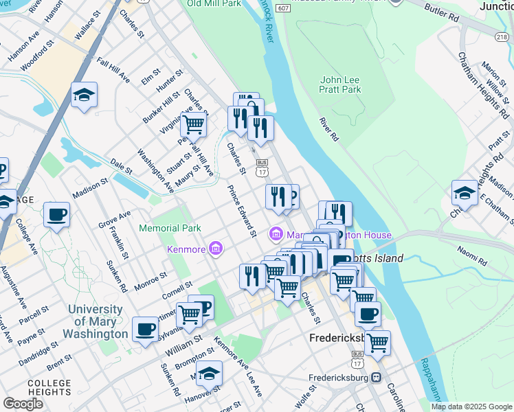 map of restaurants, bars, coffee shops, grocery stores, and more near 1402 Charles Street in Fredericksburg