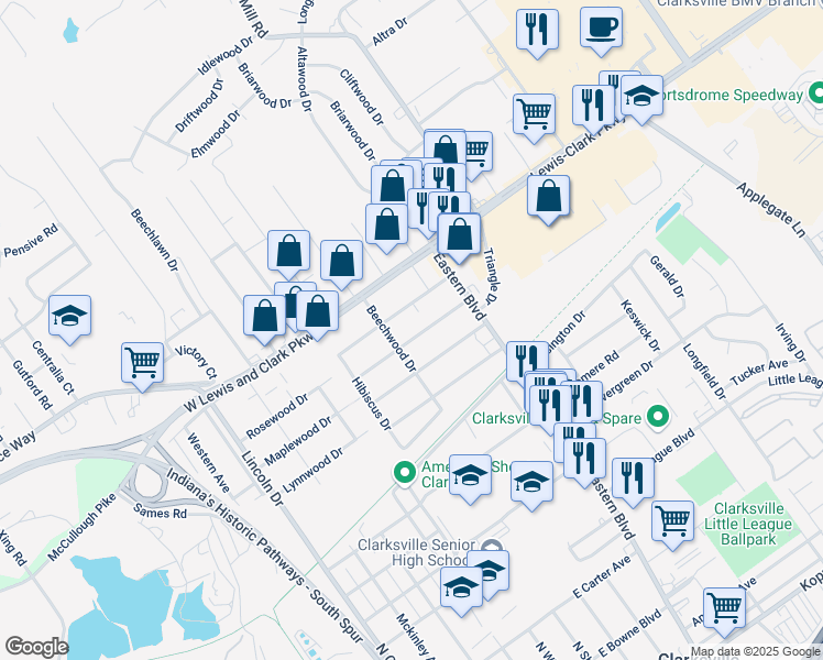 map of restaurants, bars, coffee shops, grocery stores, and more near 104 East Rosewood Drive in Clarksville