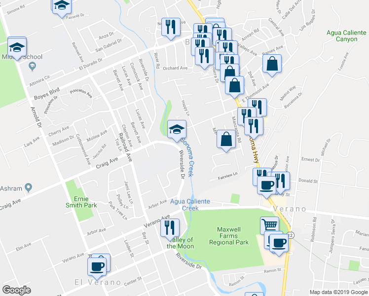 map of restaurants, bars, coffee shops, grocery stores, and more near 18647 Riverside Drive in Sonoma
