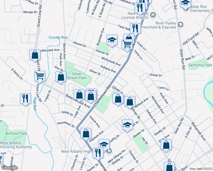 map of restaurants, bars, coffee shops, grocery stores, and more near 2239 Charlestown Road in New Albany