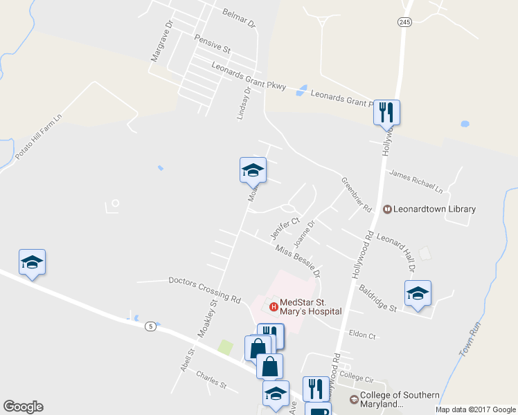 map of restaurants, bars, coffee shops, grocery stores, and more near 41510 Singletree Drive in Leonardtown
