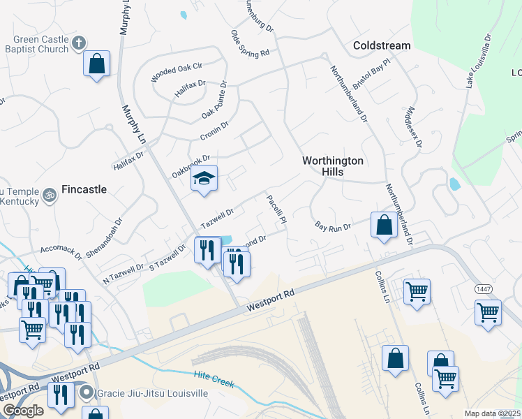 map of restaurants, bars, coffee shops, grocery stores, and more near 11861 Nansemond Place in Louisville