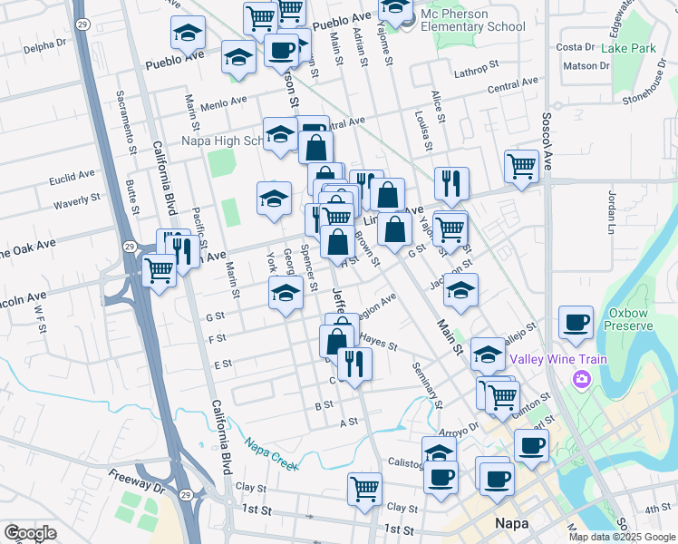 map of restaurants, bars, coffee shops, grocery stores, and more near 2180 Jefferson Street in Napa