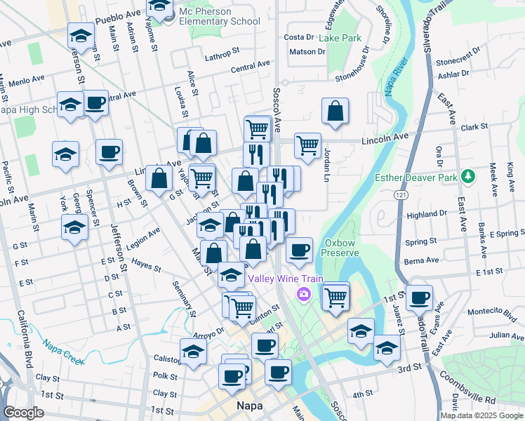 map of restaurants, bars, coffee shops, grocery stores, and more near 1790 Tanen Street in Napa