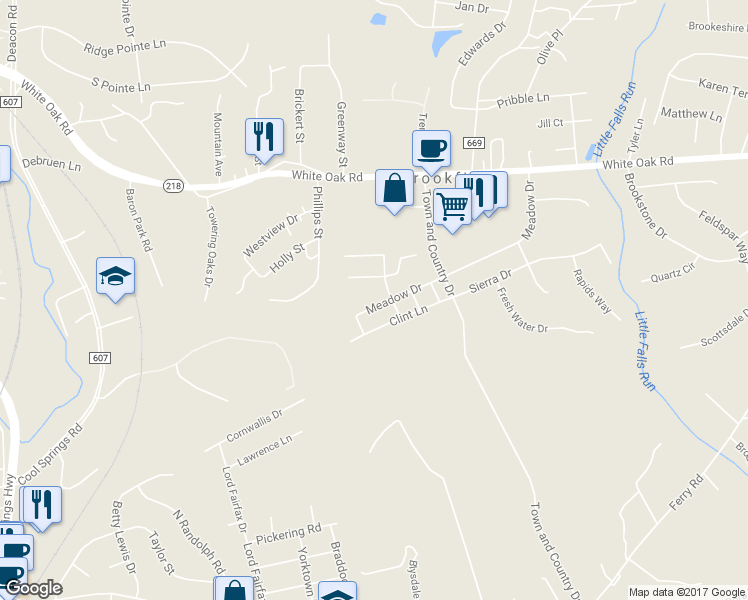 map of restaurants, bars, coffee shops, grocery stores, and more near 1501 Meadow Drive in Fredericksburg