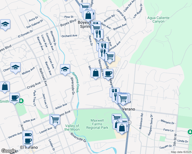 map of restaurants, bars, coffee shops, grocery stores, and more near 163 Academy Lane in Sonoma