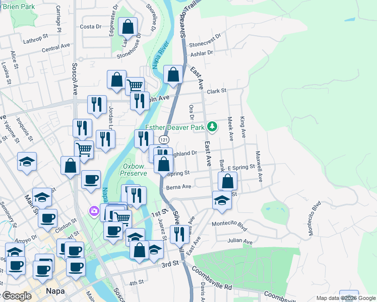 map of restaurants, bars, coffee shops, grocery stores, and more near 26 Highland Drive in Napa
