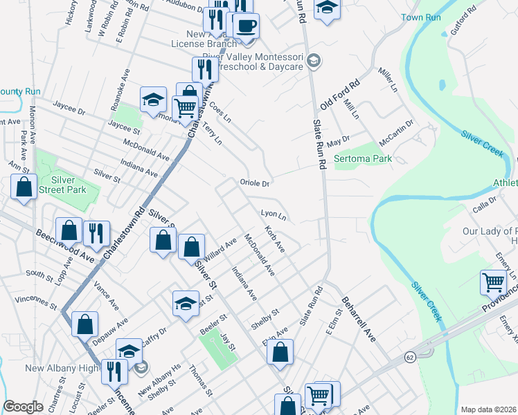 map of restaurants, bars, coffee shops, grocery stores, and more near 2401 Lyon Lane in New Albany