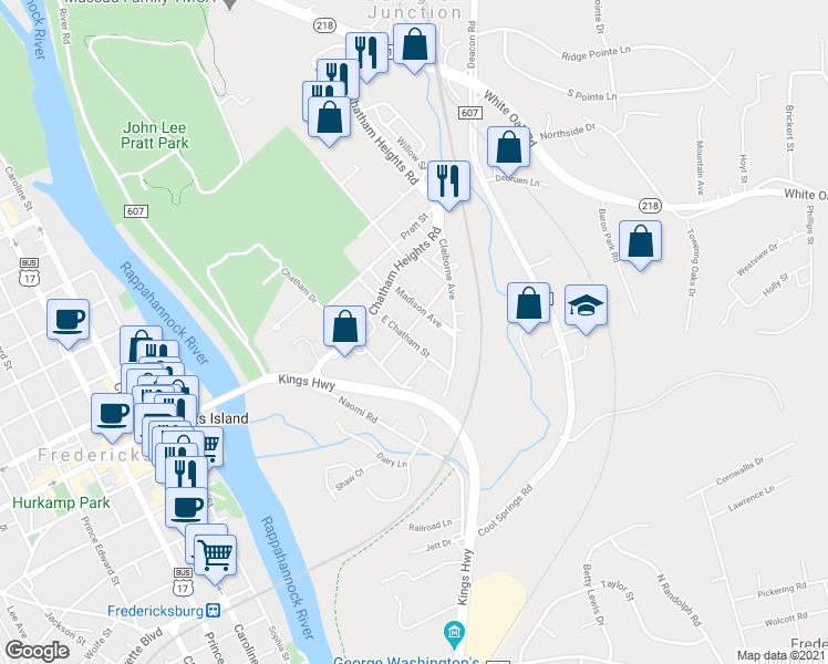 map of restaurants, bars, coffee shops, grocery stores, and more near 201 Chatham Street East in Fredericksburg