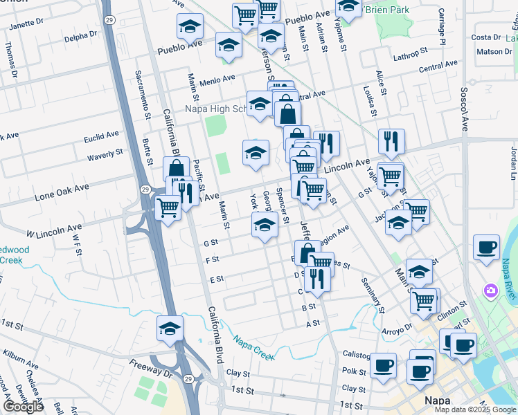 map of restaurants, bars, coffee shops, grocery stores, and more near 2220 York Street in Napa