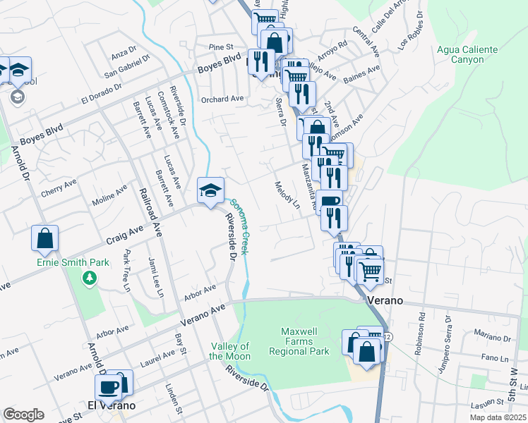 map of restaurants, bars, coffee shops, grocery stores, and more near 18588 Happy Lane in Sonoma