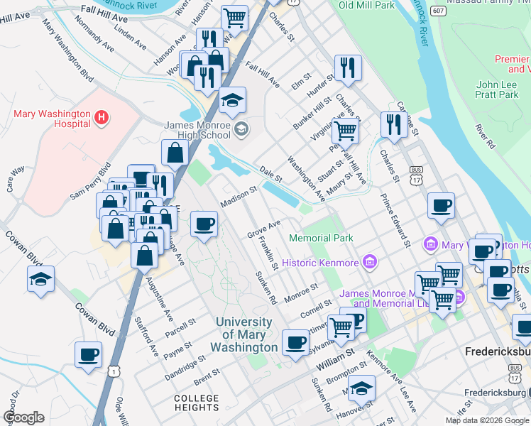 map of restaurants, bars, coffee shops, grocery stores, and more near 1606 Littlepage Street in Fredericksburg