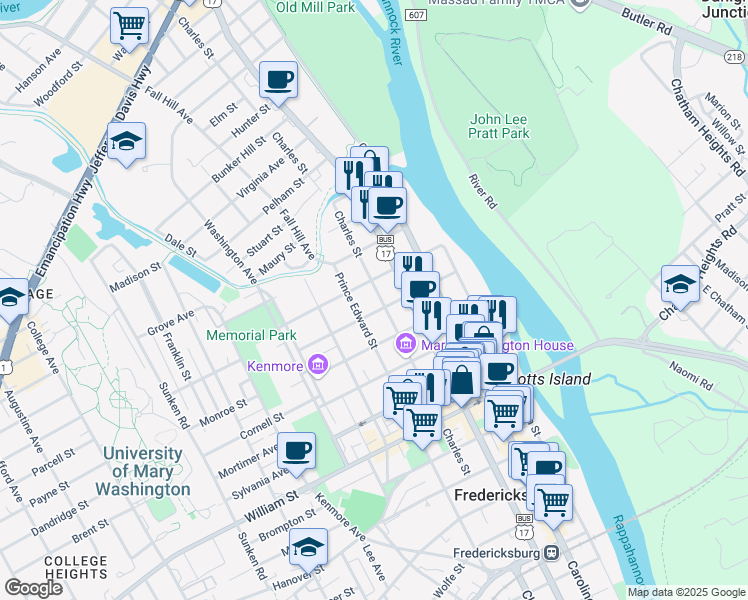 map of restaurants, bars, coffee shops, grocery stores, and more near 1406 Charles Street in Fredericksburg