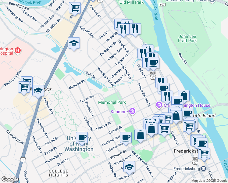 map of restaurants, bars, coffee shops, grocery stores, and more near 701 Mary Ball Street in Fredericksburg