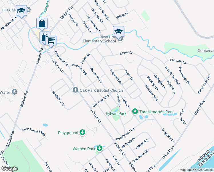 map of restaurants, bars, coffee shops, grocery stores, and more near 23 Sycamore Road in Jeffersonville