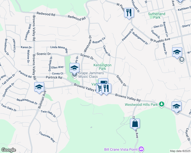 map of restaurants, bars, coffee shops, grocery stores, and more near Kensington Circle in Napa