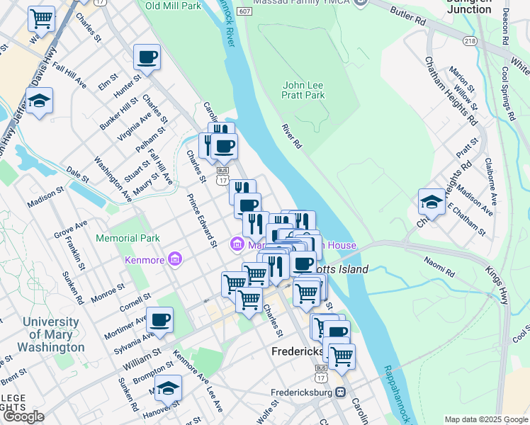 map of restaurants, bars, coffee shops, grocery stores, and more near 1307 Caroline Street in Fredericksburg