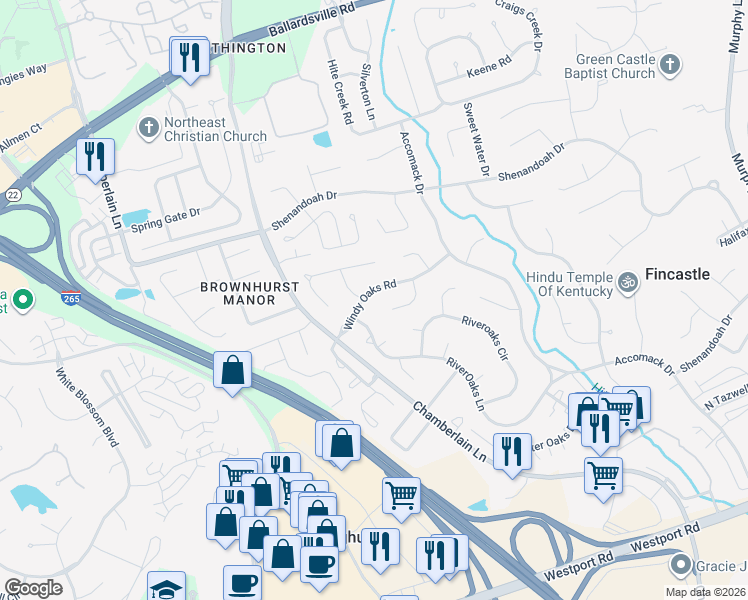 map of restaurants, bars, coffee shops, grocery stores, and more near 4303 Windy Oaks Road in Louisville