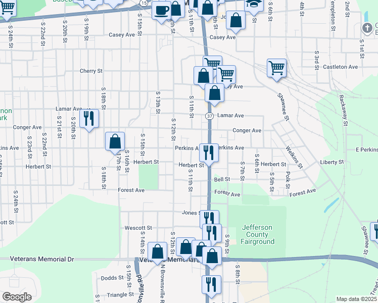 map of restaurants, bars, coffee shops, grocery stores, and more near 1101 Perkins Avenue in Mount Vernon