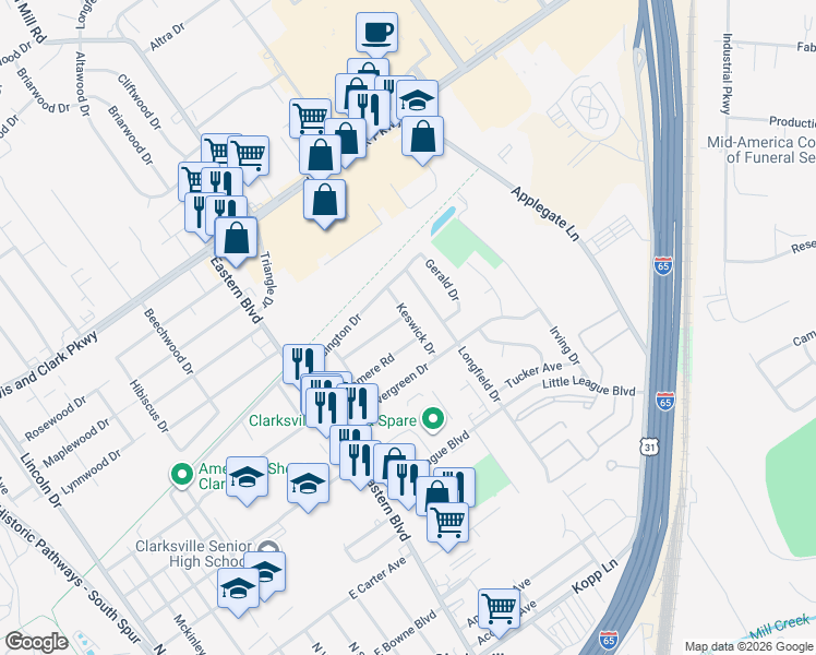 map of restaurants, bars, coffee shops, grocery stores, and more near 310 Keswick Drive in Clarksville