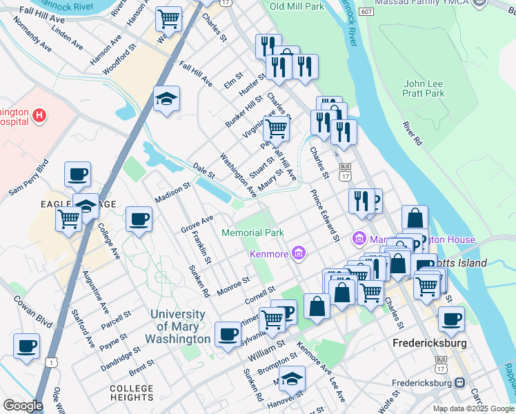 map of restaurants, bars, coffee shops, grocery stores, and more near 701 Mary Ball Street in Fredericksburg