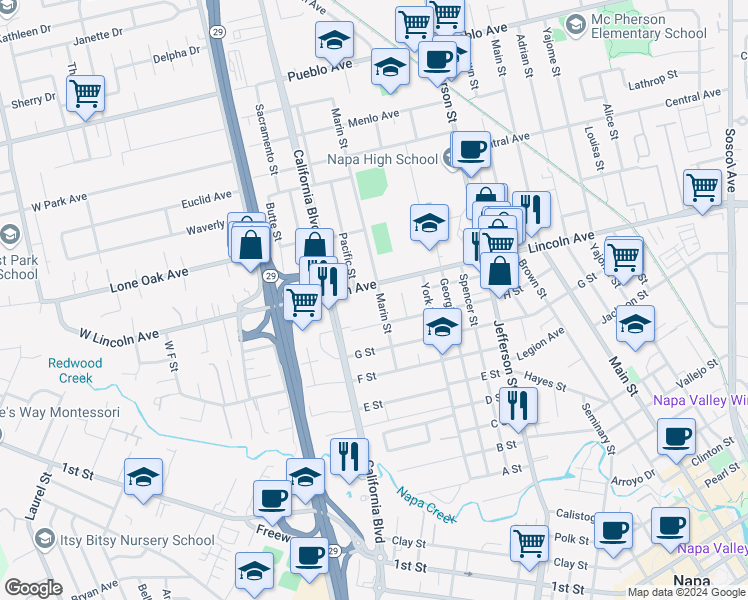 map of restaurants, bars, coffee shops, grocery stores, and more near 1729 Lincoln Avenue in Napa