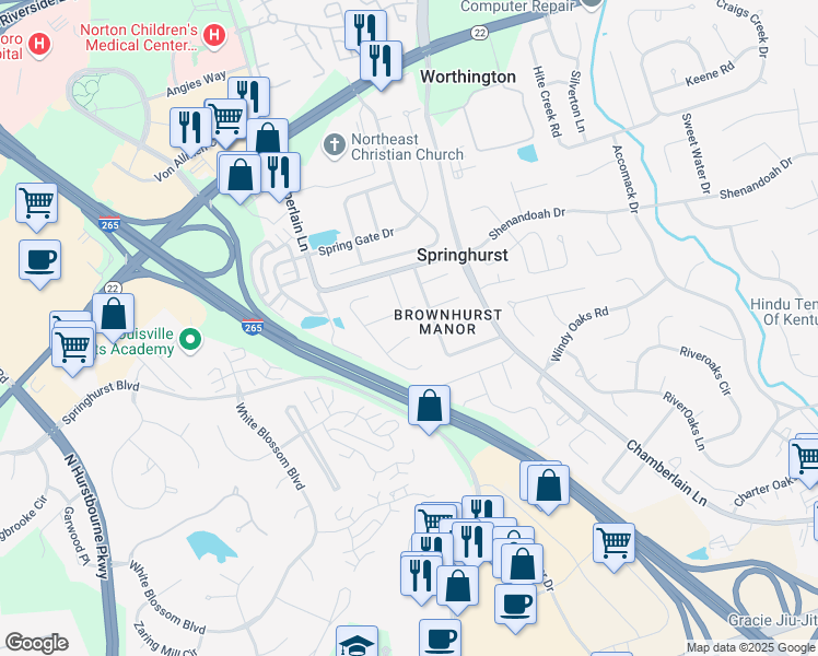 map of restaurants, bars, coffee shops, grocery stores, and more near 4402 Brownhurst Way in Louisville
