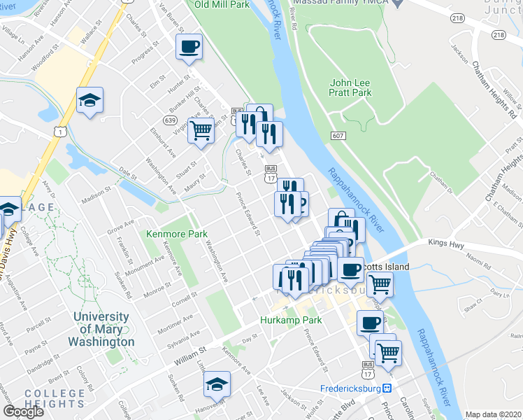 map of restaurants, bars, coffee shops, grocery stores, and more near 1408 Charles Street in Fredericksburg