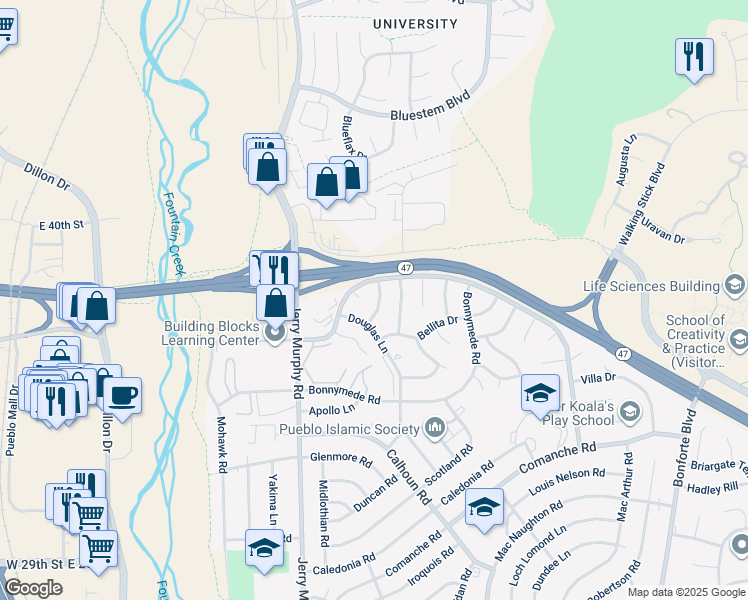 map of restaurants, bars, coffee shops, grocery stores, and more near 7 Rusticbridge Lane in Pueblo